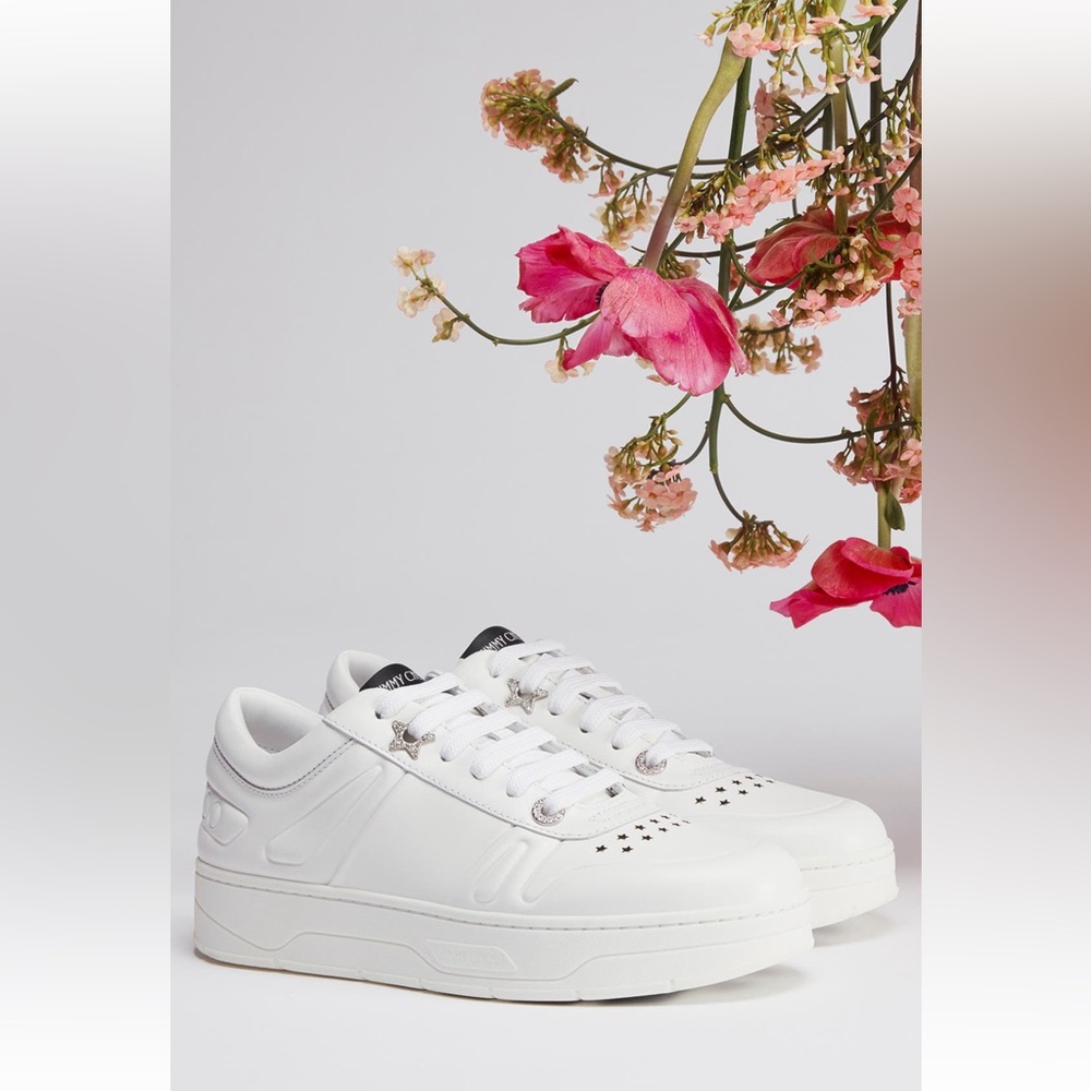 Jimmy Choo Hawaii Platform Sneaker White Calf Leather, Star Stud EU 38.5